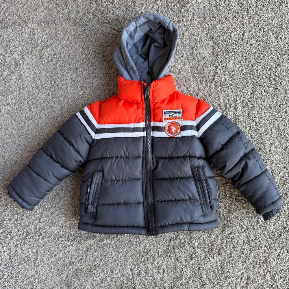 U.S. Polo Assn Boys Toddler Kids Orange Hooded Winter Puffer Jacket 3T